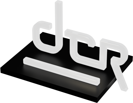 Glowing, bright white DCR logo viewd from above and at an angle.